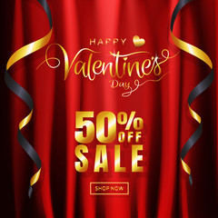 Luxury Valentine's day sale background glitter calligraphy and ornamental decoration in red gold on red satin, silk fabric background template layout design for promo banner. Vector illustration.