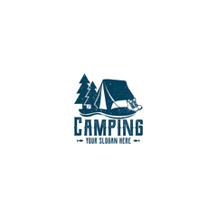 Grunge logo for camping. Your slogan here. Relax time. Hand drawn illustration in style retro.