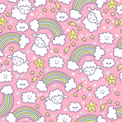 Sugar seamless pattern with sheep, rainbow, star and cloud. Pastel background with sweetie design element.