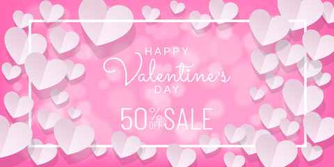 Paper cut style of Valentines day sale background in pink color with hearts and white frame, Paper art (Digital craft) wallpaper, posters, brochure, banner. Vector illustration.