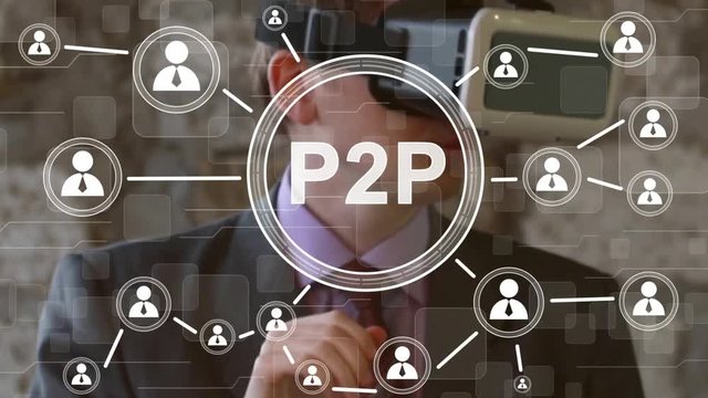 Businessman presses button P2P peer-to-peer in a virtual reality helmet.