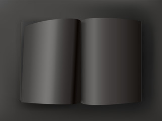 Black open book on dark table. Vector mockup