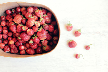 fresh strawberry in the wooden box/top view