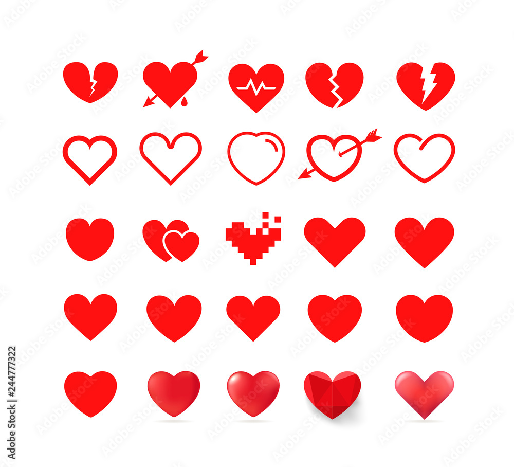 Poster different style red hearts isolated on white background. vector cliipart