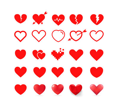 Different style red hearts isolated on white background. Vector cliipart