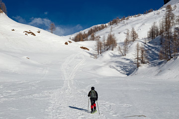 A hiker with snowshoes walks in the sunny snowy Alpe Sangiatto landscape above Alpe Devero in Piedmont, Italy.
