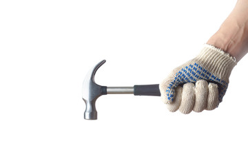 Man holds hammer in hand on white background
