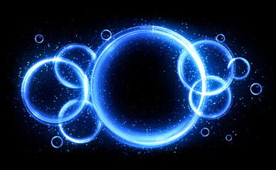 Glow neon balls. Blue space tunnel. Glint sphere. Vivid  rings. Circle frame of title place. Bright background for text. Glare abstract composition. Beautiful design of magic bubbles. 3D rendering