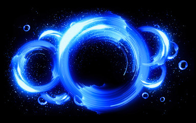 Glow neon balls. Blue space tunnel. Glint sphere. Vivid  rings. Circle frame of title place. Bright background for text. Glare abstract composition. Beautiful design of magic bubbles. 3D rendering