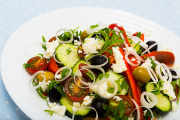 Shopska salad is tasty dish of Bulgarian cuisine