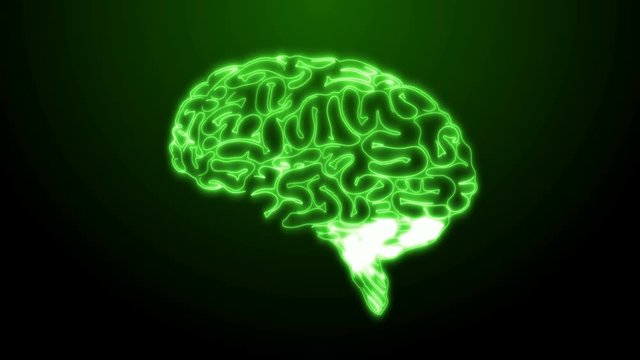 Abstract concept of the neon brain drawing on the dark green texture. Medical technology of the future.