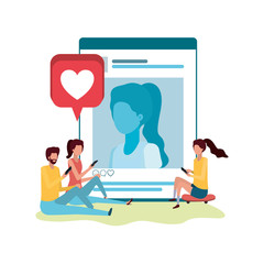group people sitting with social network profile avatar character
