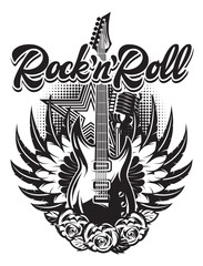 Guitar, microphone, wings, roses on the poster for rock concert