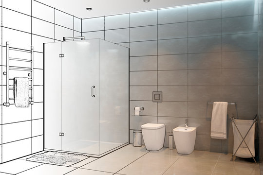 3D illustrations. The sketch of the modern showers becomes a real interior