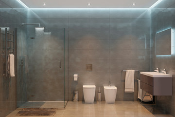 Naklejka na ściany i meble 3d illustration. Gray modern shower room in the evening1