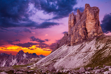 Naklejka premium Tre Cime di Lavaredo National Park. Drei Zinnen, Trentino Alto Adige, South Tyrol, Dolomites mountains, Italy