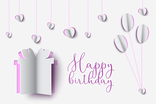 Birthday Paper Cut design of Gift box with Happy Birthday Title. Paper clipart of balloon floating and Gift Box on paper background.