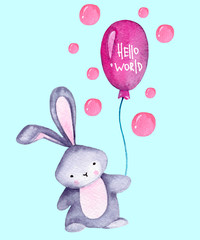 watercolor rabbit with balloon 