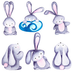 watercolor set of cute bunnies