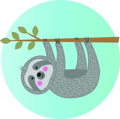 cute vector sloth hanging from branch