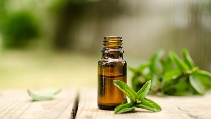 Natural Mint Essential Oil in a Glass Bottle with Fresh Mint Leaves