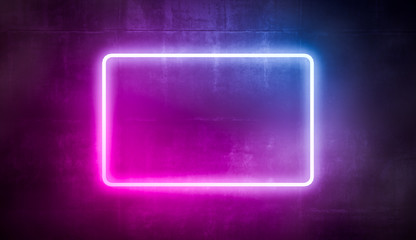 Neon frame abstract square, glowing light blue and pink color on concret wall. 3d rendering.