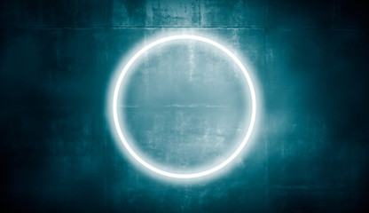 Neon frame abstract round, glowing light on concret wall. 3d rendering.