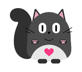 Valentines day card. Cute cartoon fat gray cat with heart. Valentine`s Day cat with heart. Cute vector illustration of cat for Valentine day.
