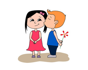 Cute little girl and boy kissing valentines day card. Portrait of happy lovely couple young cute boy and girl smiling and standing with their dog. Isolated on white background. Flat design.