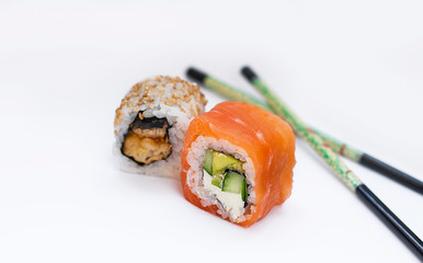 Closeup of delicious japanese food with sushi roll
