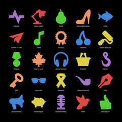 Basic color design shapes icons set with black background.