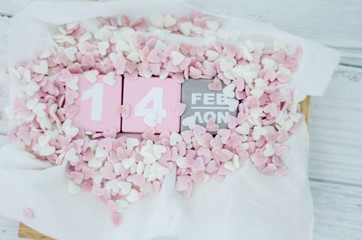 Pink square wood with white numbers 1 and 4.Gray square wood with white letters FEB.February 14 Valentine's Day