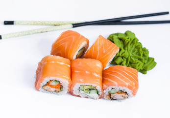 Closeup of delicious japanese food with sushi roll