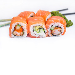 Closeup of delicious japanese food with sushi roll
