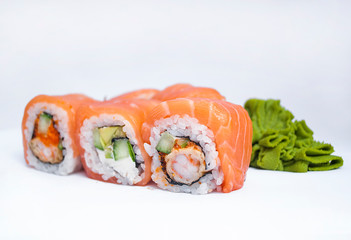 Closeup of delicious japanese food with sushi roll