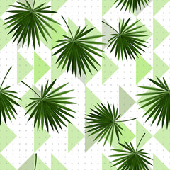 Green tropical leaves and triangles seamless pattern. Vector pattern for print design, wallpaper, site backgrounds, postcard, textile, fabric.Vector. Eps10.