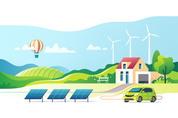 Naklejka premium Concept of eco friendly alternative energy. House with solar panel and wind turbines. Vector illustration.