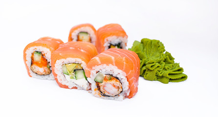 Closeup of delicious japanese food with sushi roll