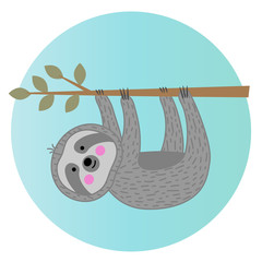 cute vector sloth hanging from branch