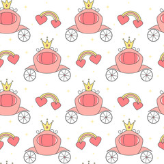 cute lovely cartoon seamless vector pattern background illustration with pink carriages, rainbows, hearts and stars
