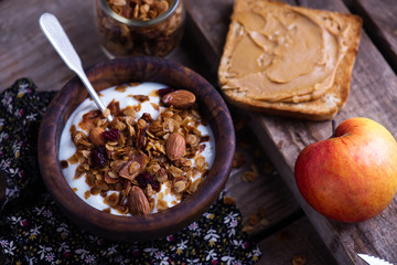 Homemade  granola with yogurt. style vintage.