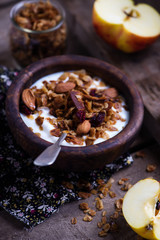 Homemade  granola with yogurt. style vintage.