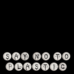 Say no to plastic: plate, fork. Text, calligraphy, lettering, doodle by hand isolated on black. Eco, ecology.