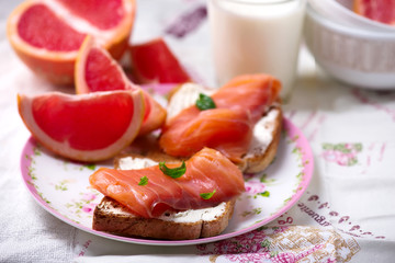 Cheese and salmon sandwiches .Healthy breakfast.