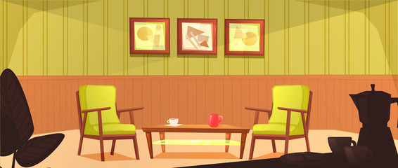 The interior of the cafeteria room. Retro design of the armchair and coffee table with mugs. Wooden furniture in a cafe