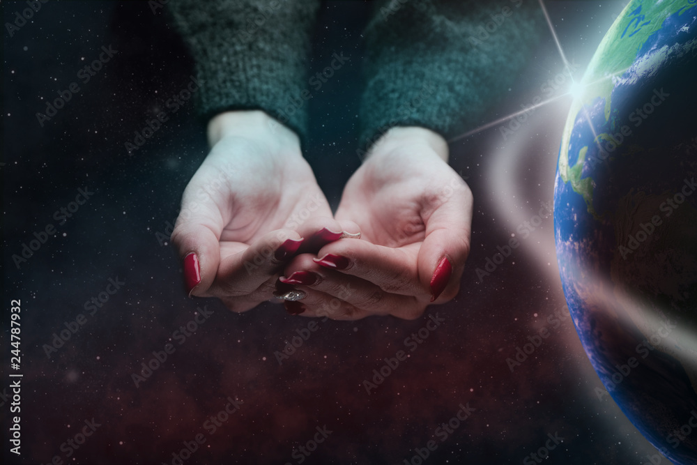 Poster protect our world in woman hands and nebula dust. mixed media .elements of this image furnished by n