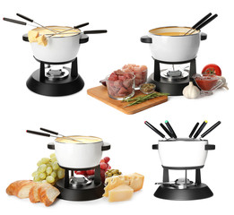 Modern fondue set on white background. Kitchen equipment
