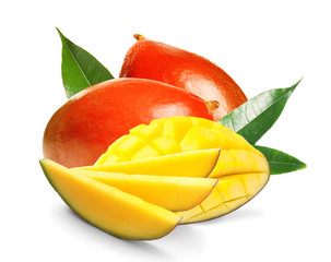 Fresh juicy mango slices isolated on white