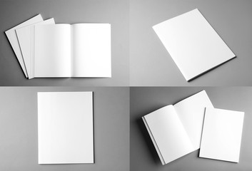 Set of different blank brochures on grey background. Mock up with space for text