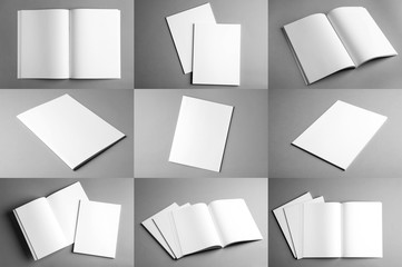 Set of different blank brochures on grey background. Mock up with space for text